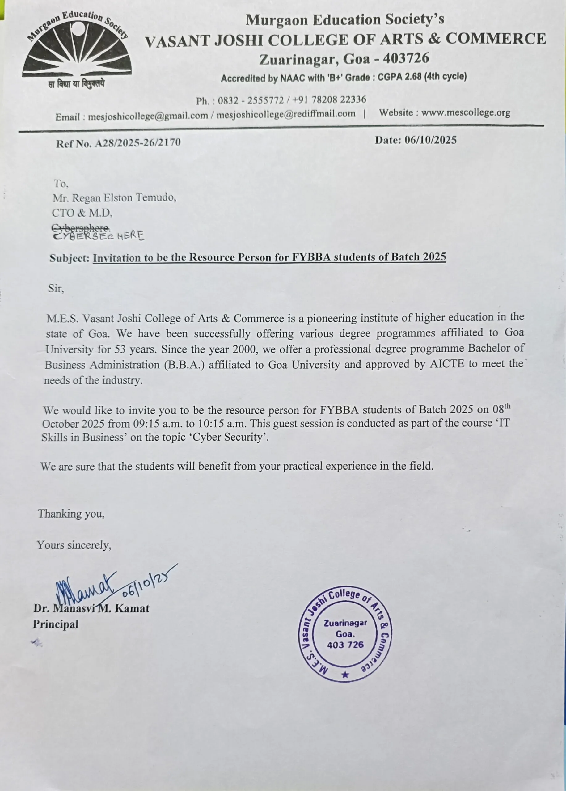 Invitation  letter from Vasant Joshi College (image file: 377625ad-d073-4684-9f2d-21b140c2120b.jpg)